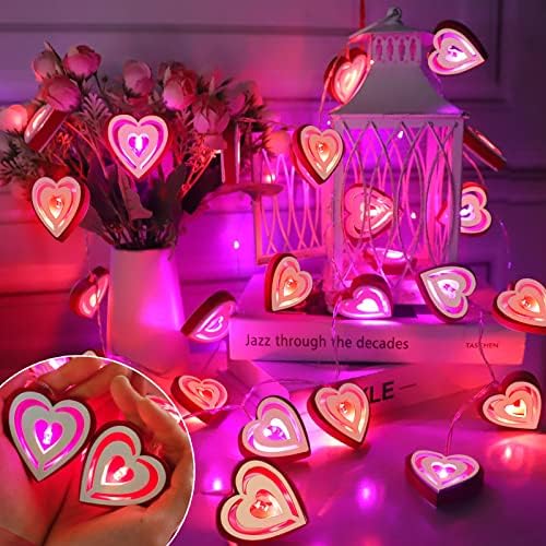 [טיימר] קישוטי אורות לב מעץ של יום האהבה, 10 רגל 30 LED 3D אדום ורוד לבבות מיתרים מיתרים